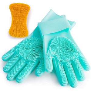 Dishwashing Gloves Silicone Scrubber Reusable - Premium Set 1 Pair Magic Rubber Green Scrubbing Gloves and 1 Yellow Silicone Sponge Heat Resistant for Cleaning Dishes Home Kitchen Bathroom Pet Care